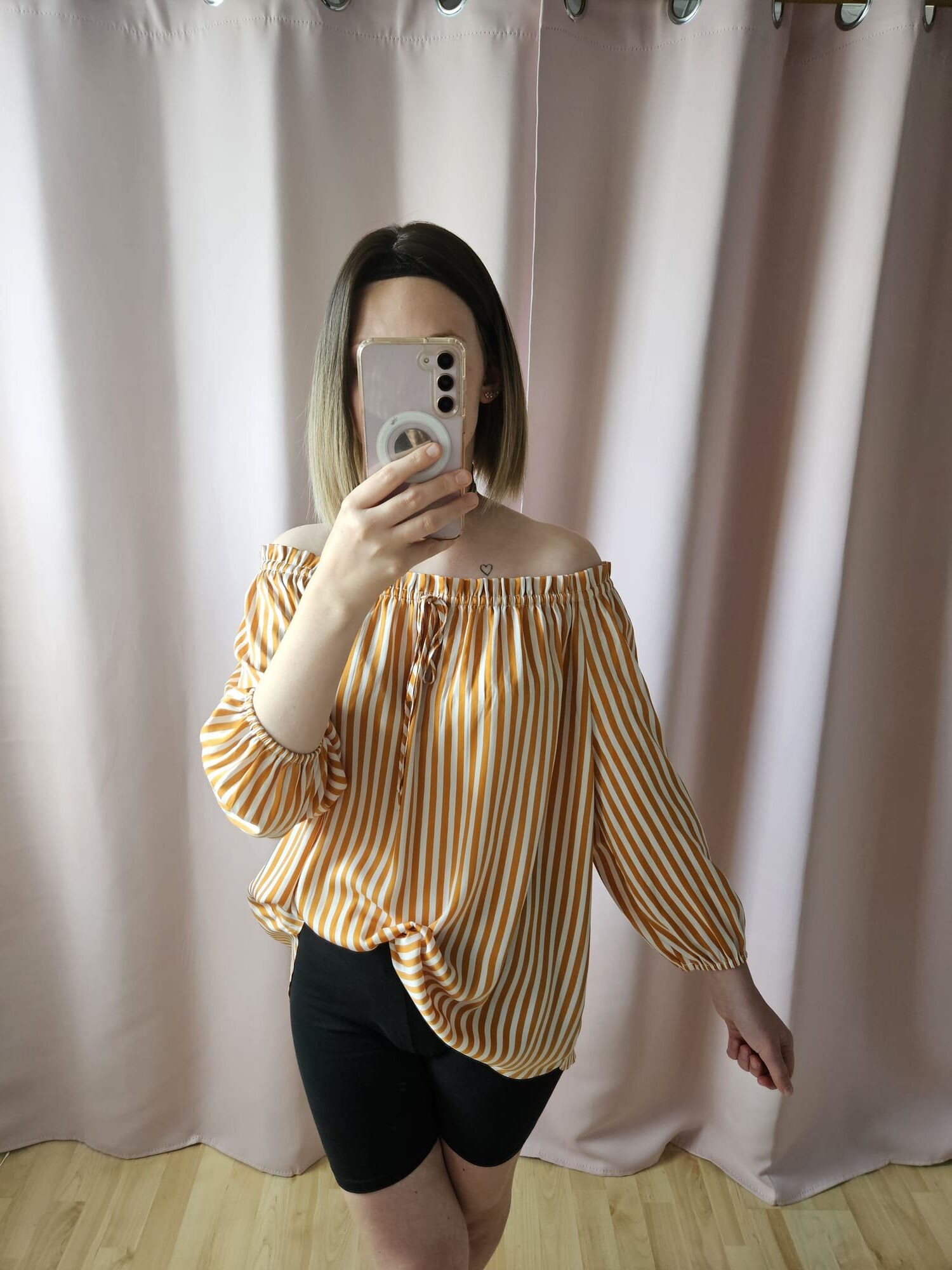 Bluzka hiszpanka w pomarańczowo-białe paski, 3/4 rękaw M