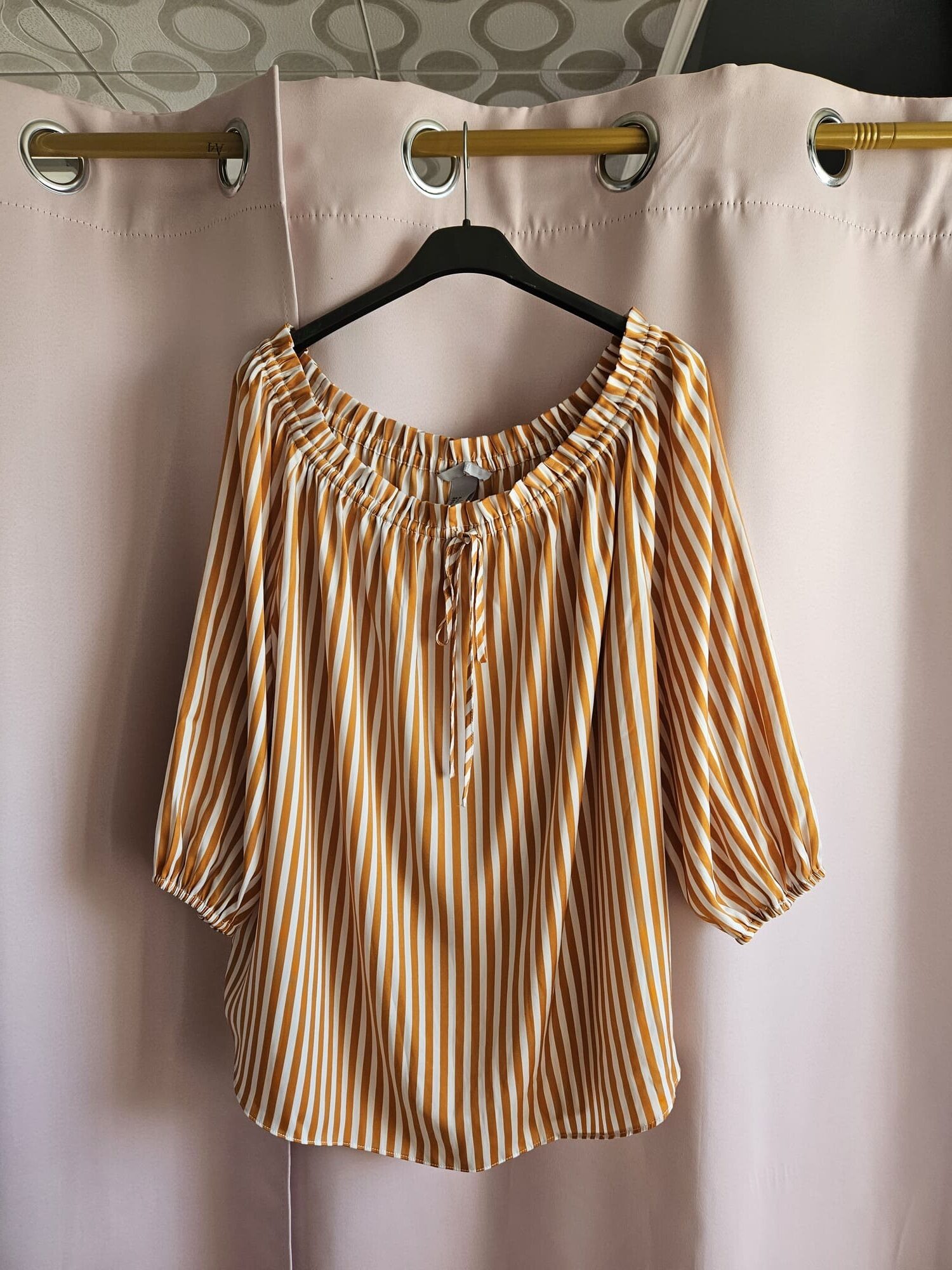 Bluzka hiszpanka w pomarańczowo-białe paski, 3/4 rękaw M - obrazek 2