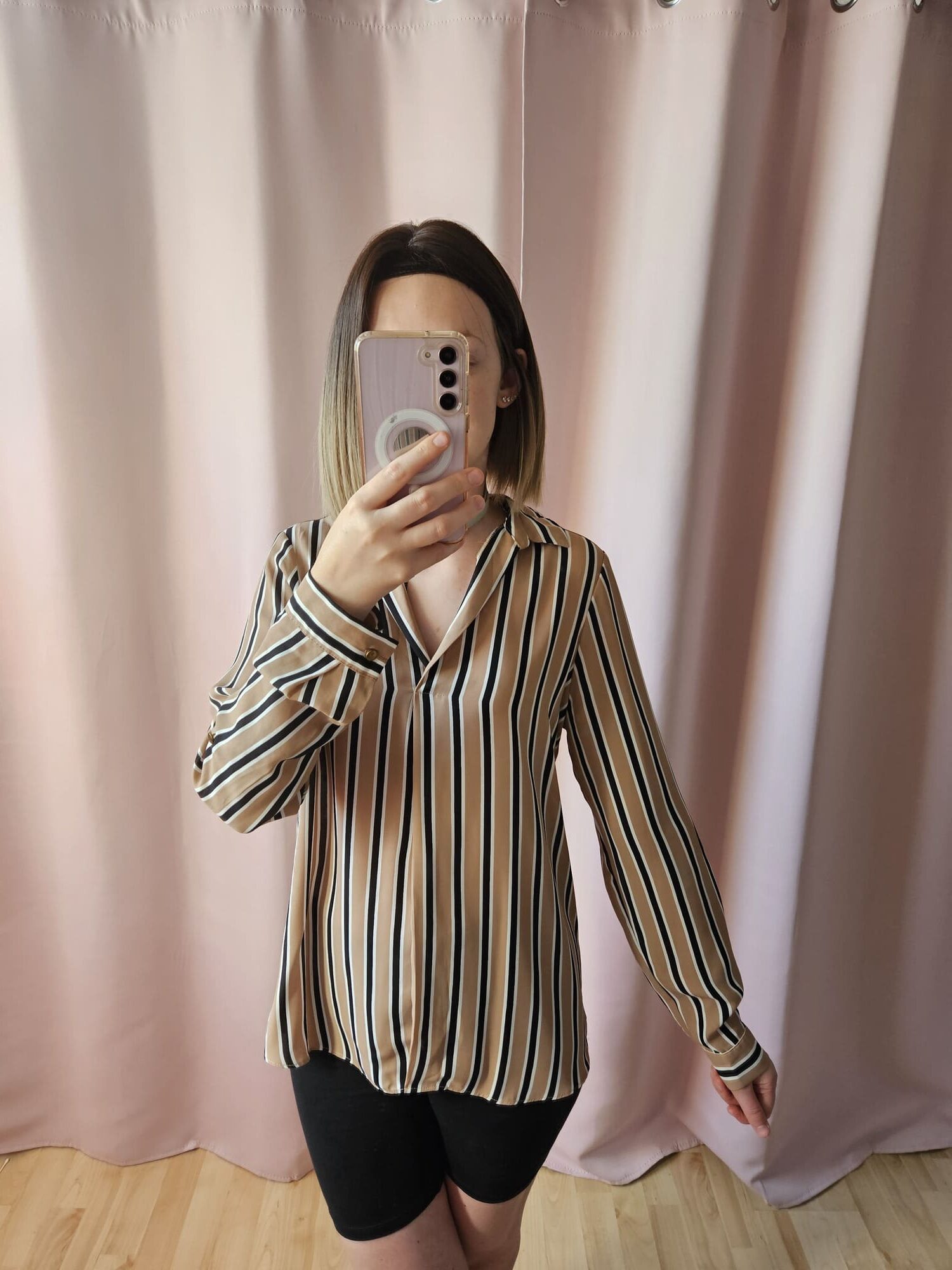 Beżowa bluzka koszulowa w biało-czarne paski Primark M