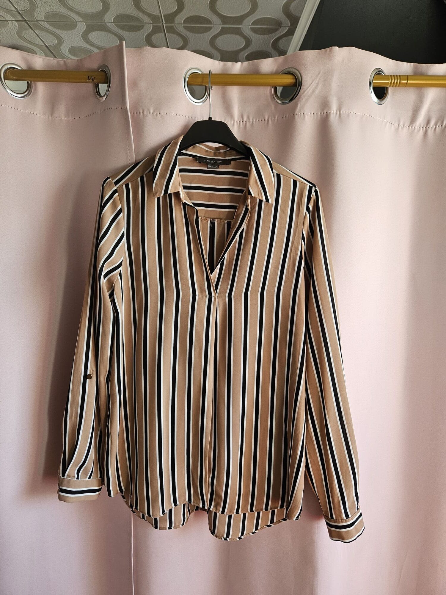 Beżowa bluzka koszulowa w biało-czarne paski Primark M - obrazek 2