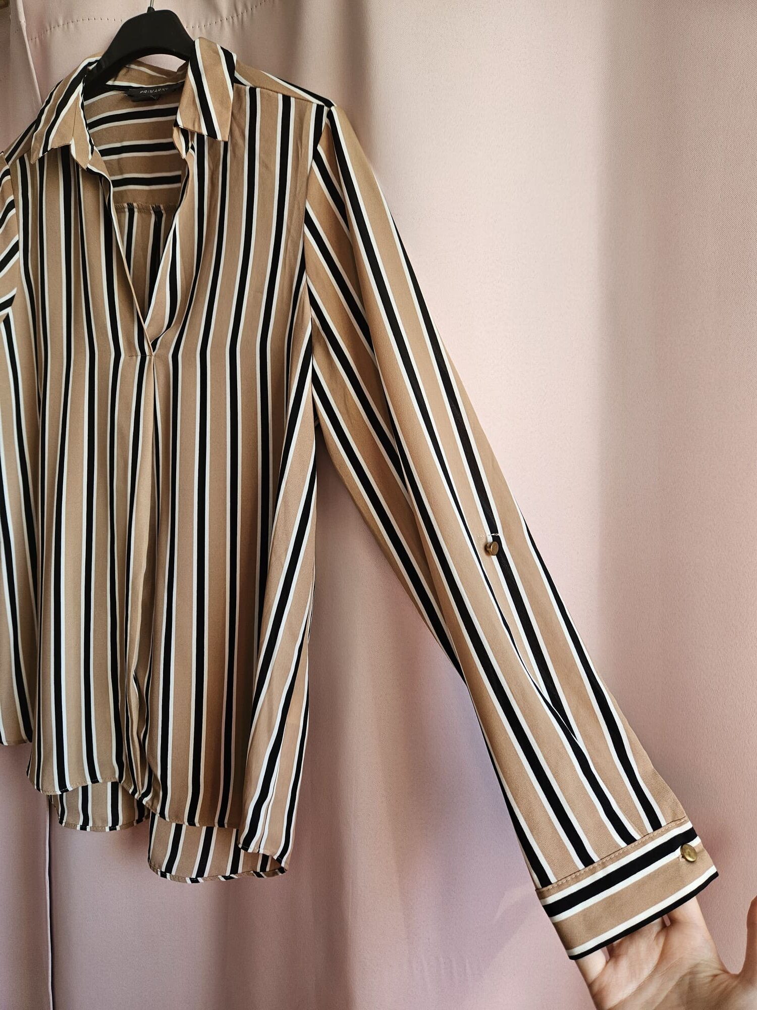 Beżowa bluzka koszulowa w biało-czarne paski Primark M - obrazek 3
