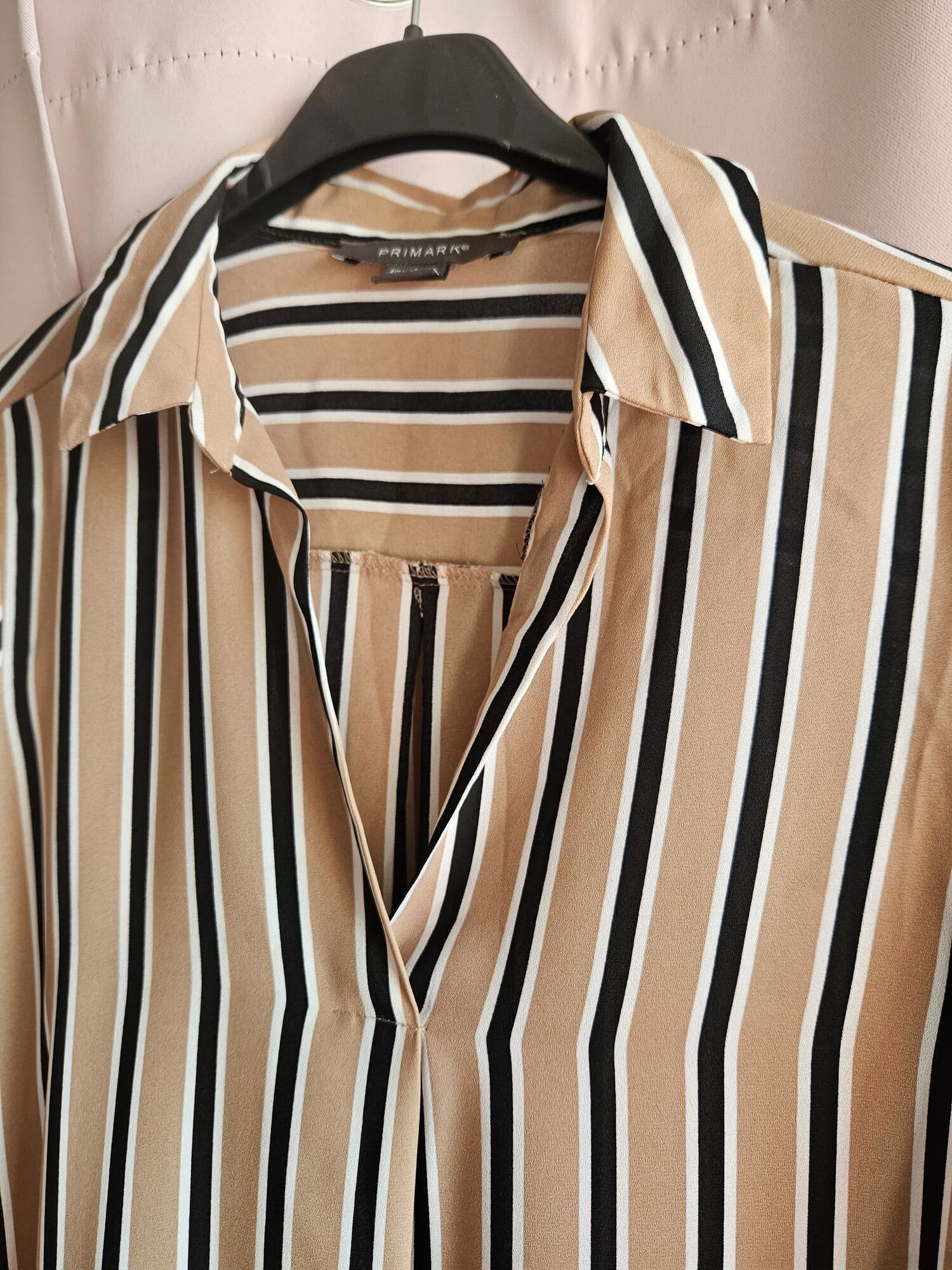 Beżowa bluzka koszulowa w biało-czarne paski Primark M - obrazek 4